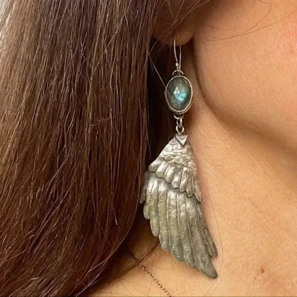 Silver Wing Earrings with Blue Accents - Picture 4 of 7